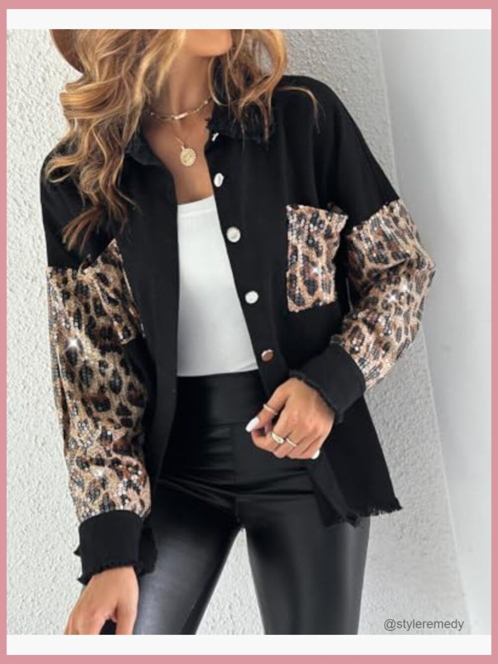 Sequin Patchwork Long Sleeve Oversized Denim Shacket Raw Hem Button Front - Picture 3 of 7